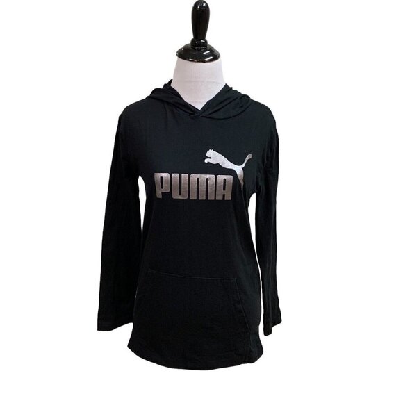 Puma Girl's T-Shirt L Large (14-16) with Hoodie Logo Print Silver Black Cotton - Picture 1 of 5